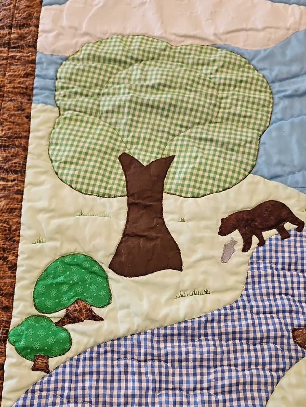 Handmade Camping Scene Quilted Throw - Blue, Green, Cream